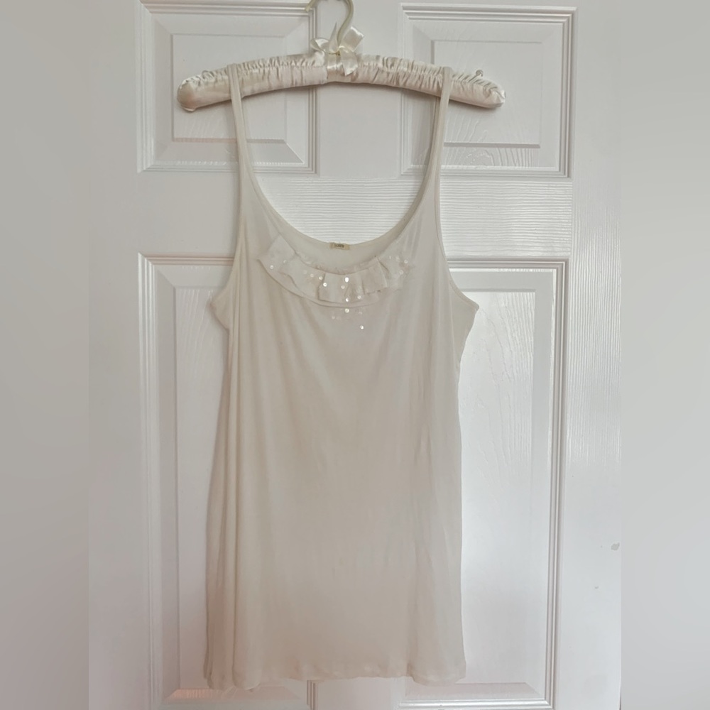 Bundle: J Crew White Cotton Tank w/💯%Silk Ruffle & PTA Red/Brown Cotton Tank L - Picture 5 of 16
